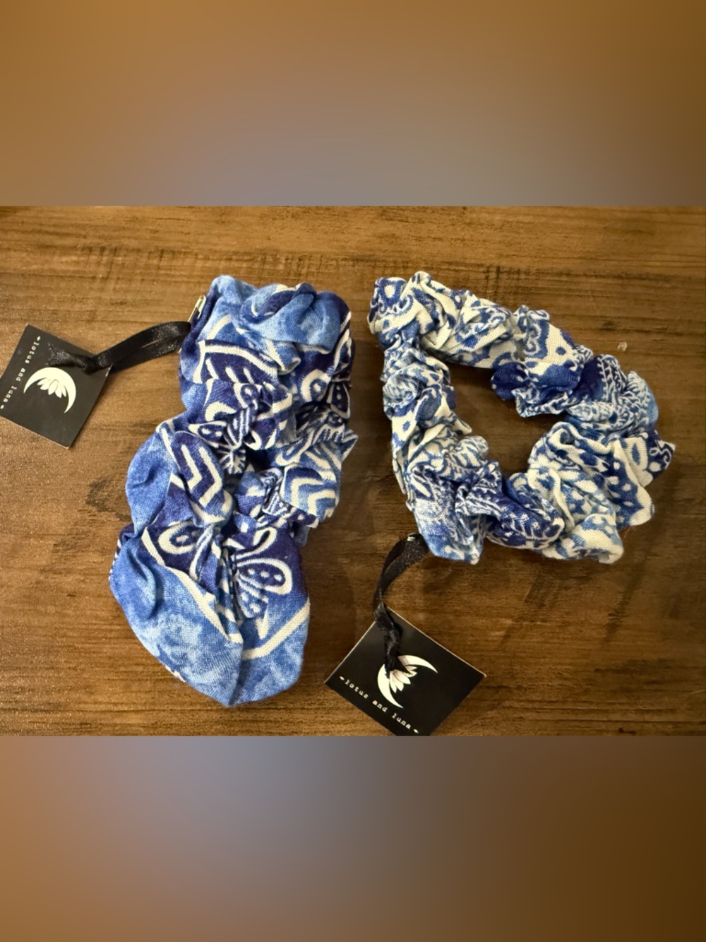 Blue Patterned Fabric Scrunchie Duo by Lotus and Luna